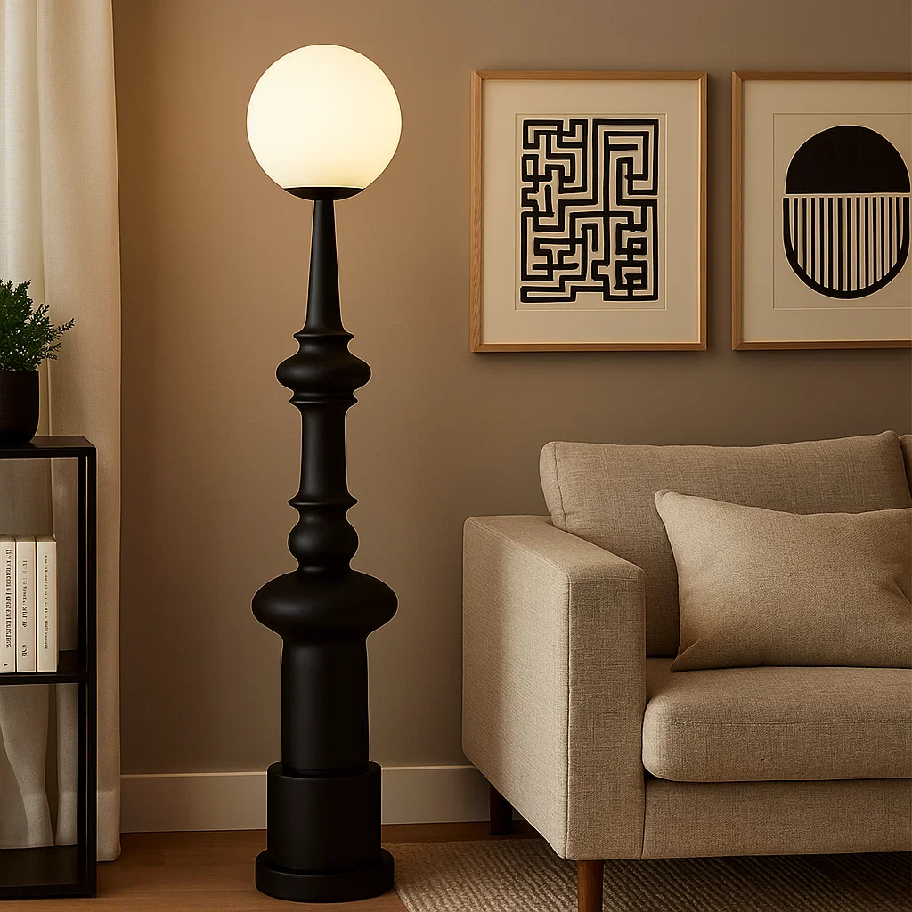 Lampadaire design avec base sculptée et globe lumineux