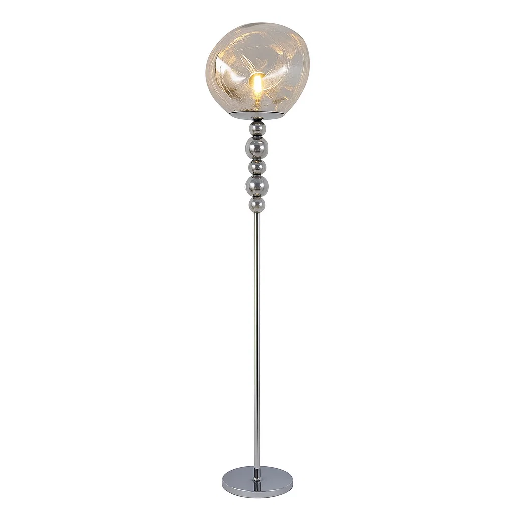 Lampadaire moderne avec abat-jour en verre et pied à billes métalliques