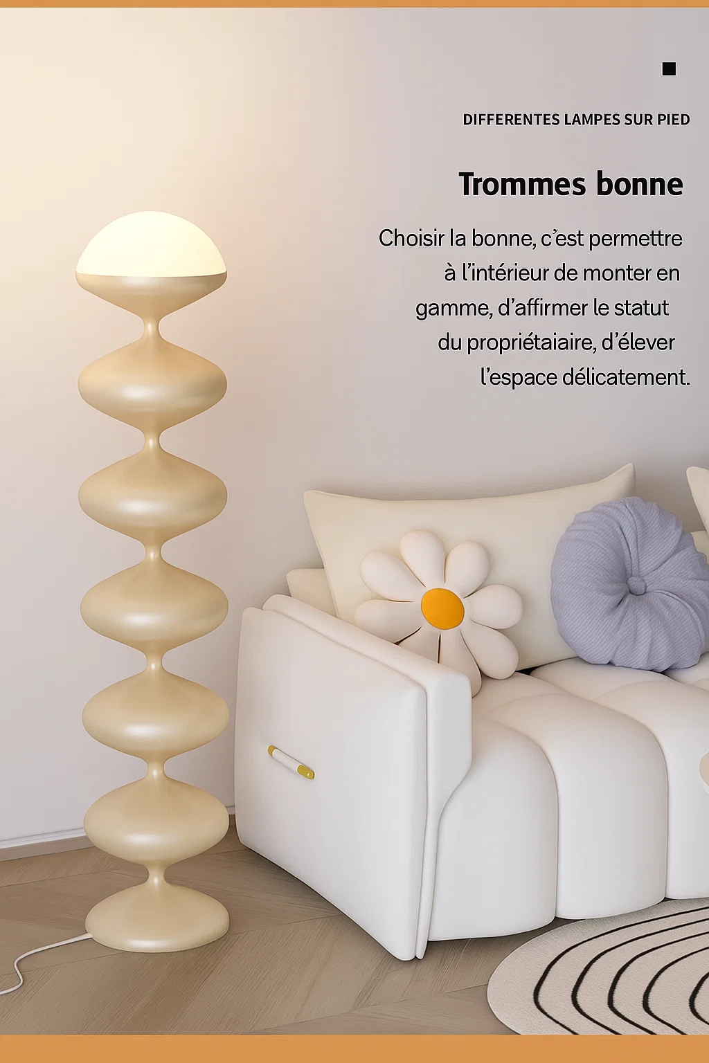 Lampadaire design sculptural avec abat-jour hémisphérique