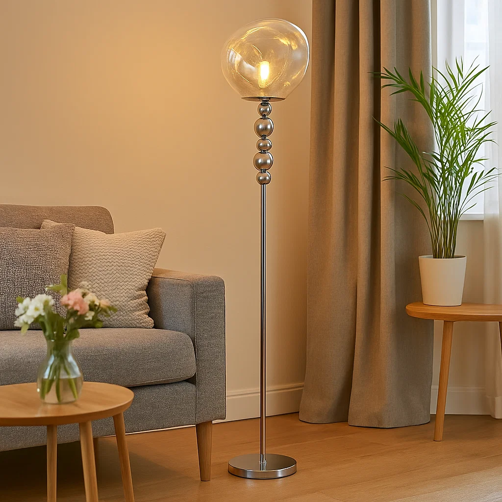 Lampadaire moderne avec abat-jour en verre et pied à billes métalliques