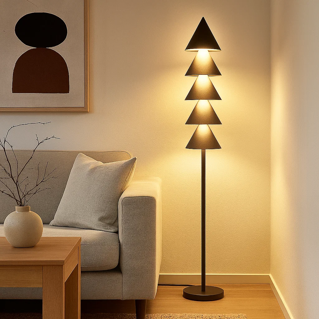 Lampadaire design géométrique à quatre abat-jour coniques