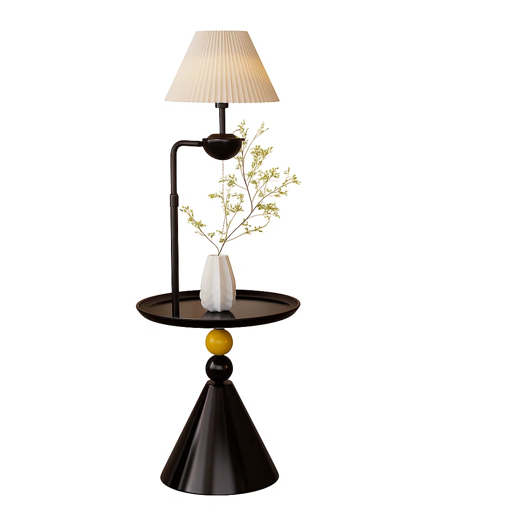Lampadaire avec table intégrée et abat-jour plissé