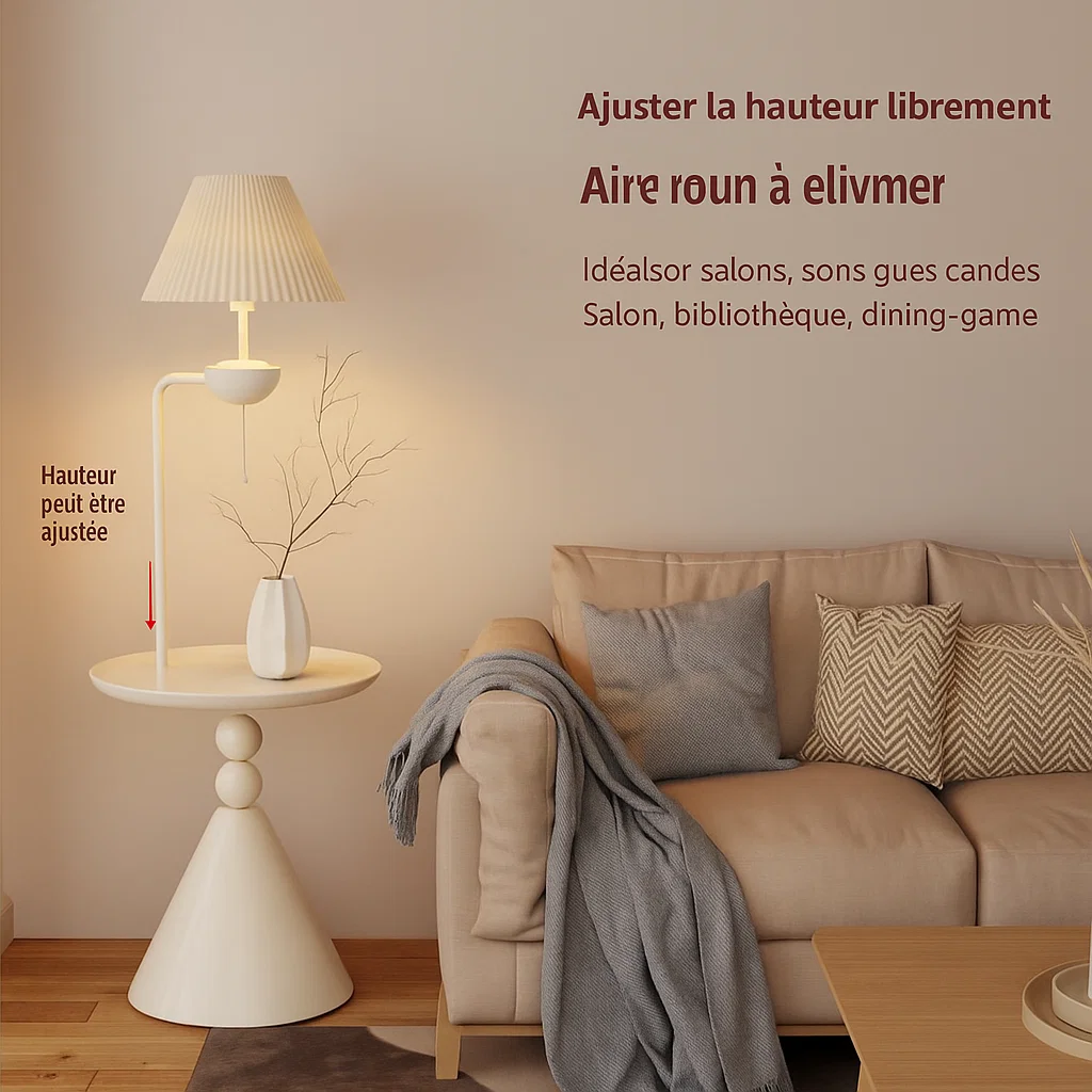 Lampadaire avec table intégrée et abat-jour plissé