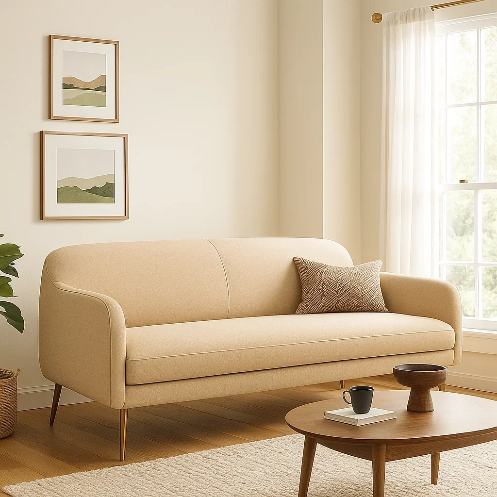 Canapé 3 places moderne avec pieds en métal doré et assise rembourrée