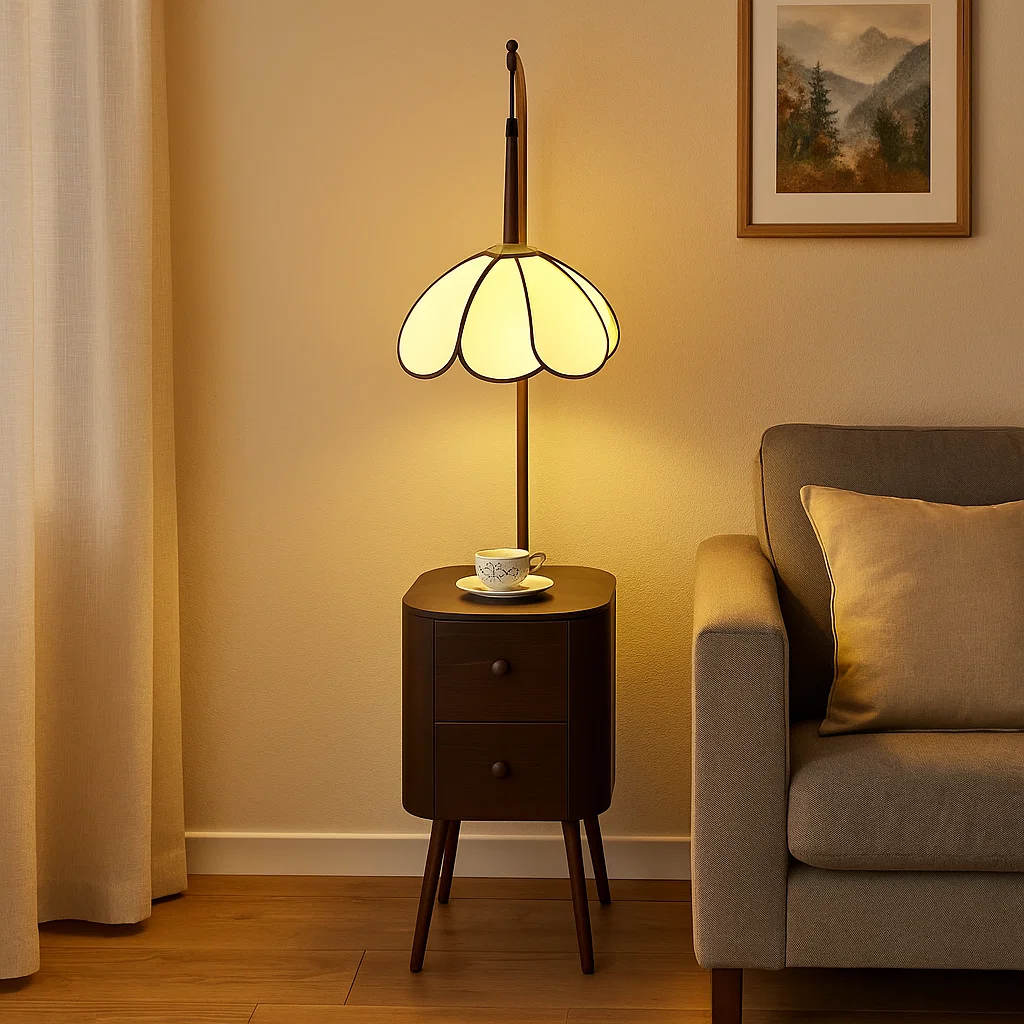 Lampadaire avec Table de Rangement et Abat-jour en Forme de Fleur – Bois Foncé