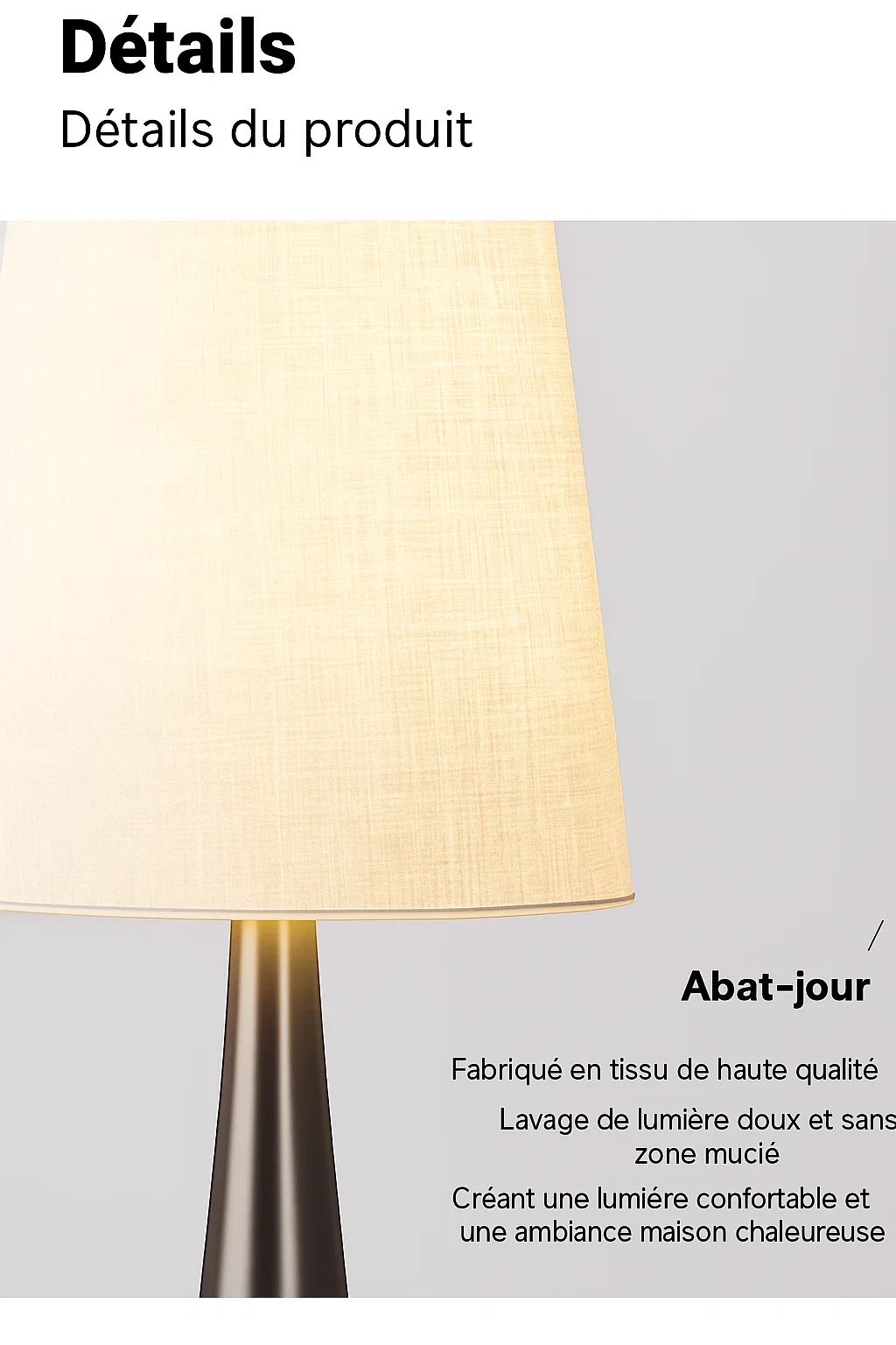 Lampadaire en métal et tissu avec variateur de lumière