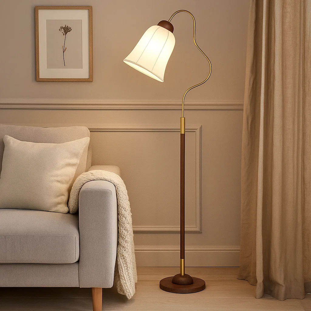 Lampadaire en bois et métal avec abat-jour en dentelle – Style classique élégant