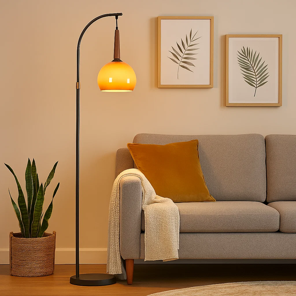 Lampadaire moderne avec abat-jour orange et base en marbre