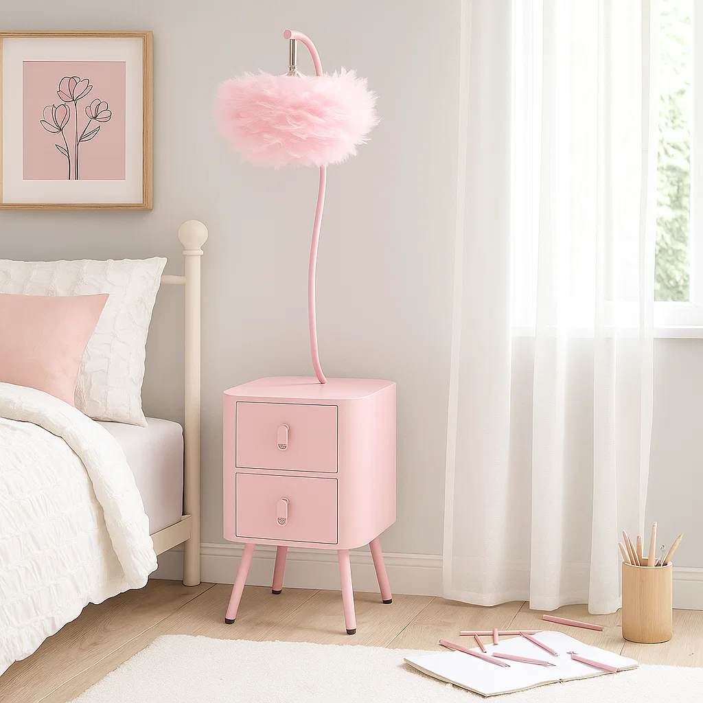 Lampe de chevet rose avec abat-jour plume et table de chevet intégrée à 2 tiroirs