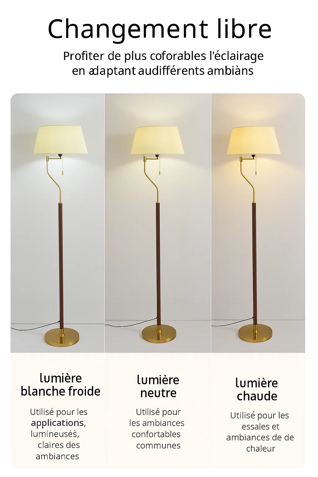 Lampadaire moderne en métal doré et bois avec abat-jour en tissu