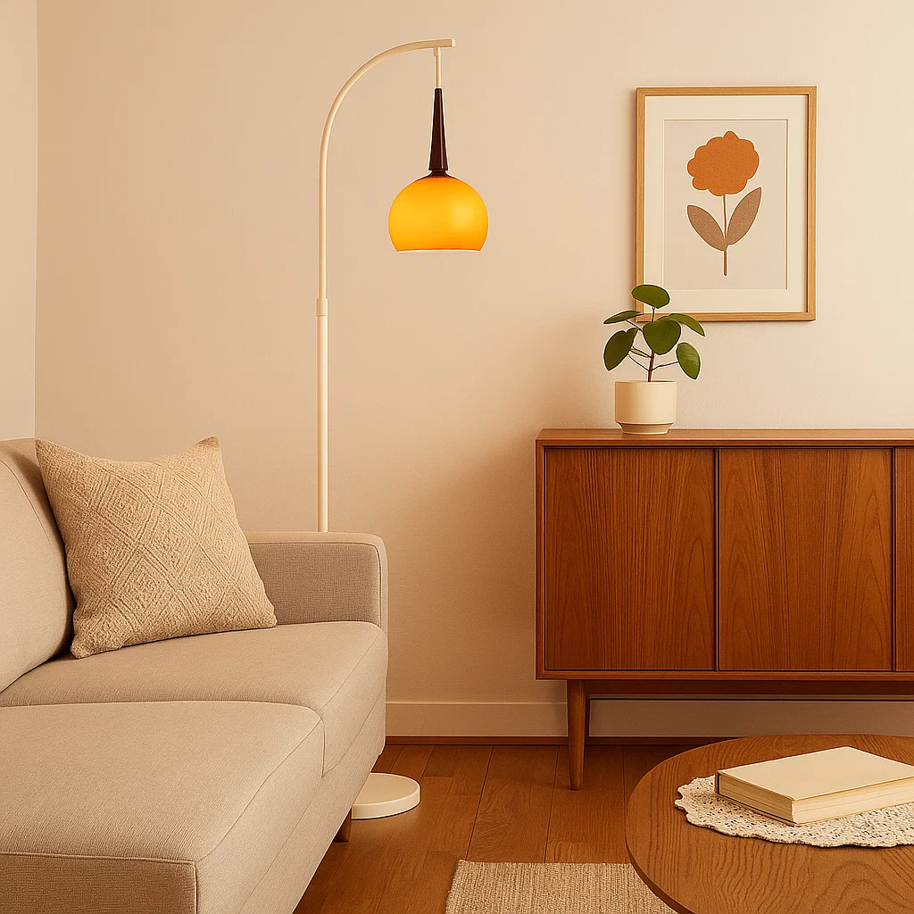 Lampadaire moderne avec abat-jour orange et base en marbre