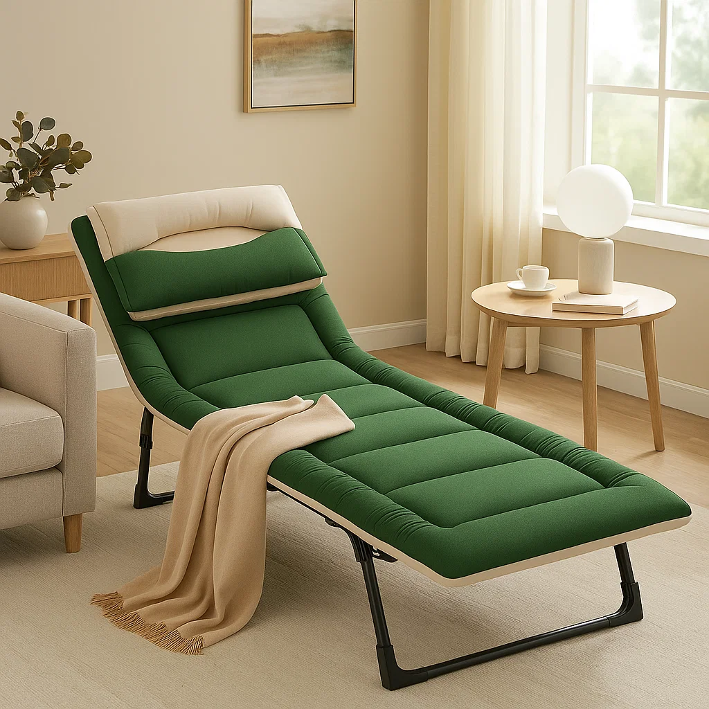 Chaise longue pliable ergonomique avec matelas rembourré et oreiller amovible – Design moderne pour salon et chambre