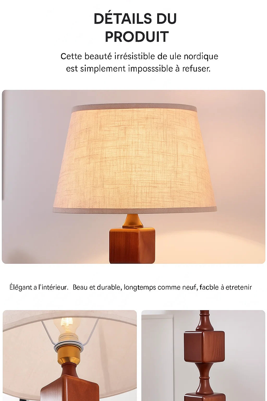 Lampadaire design nordique en bois massif avec abat-jour en tissu