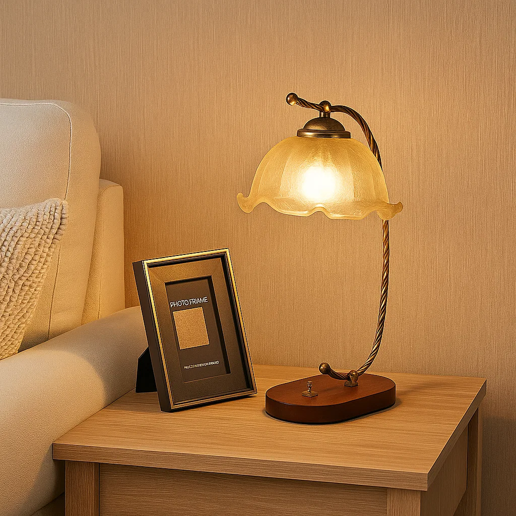 Lampe de table vintage en verre et bois avec interrupteur à levier – E27 40W