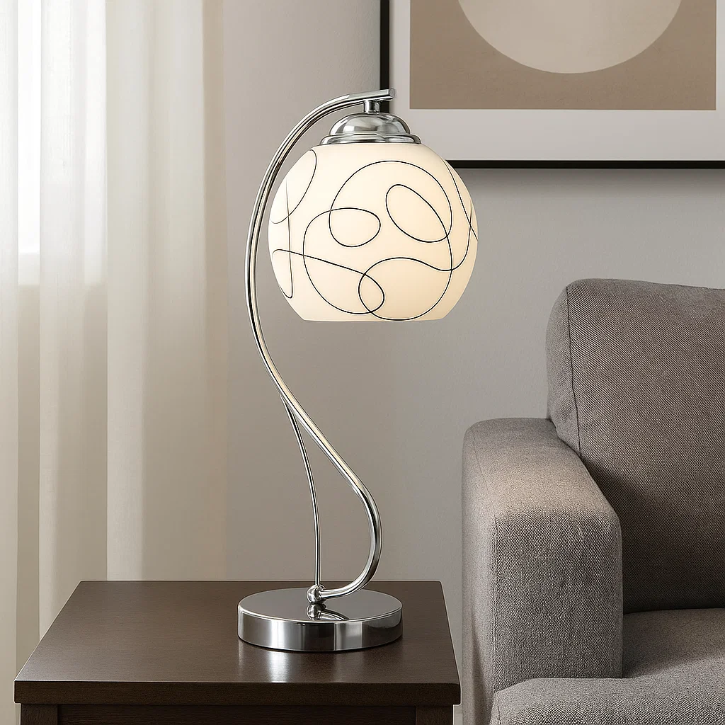 Lampe de table design moderne en métal chromé et verre dépoli – E27 40W