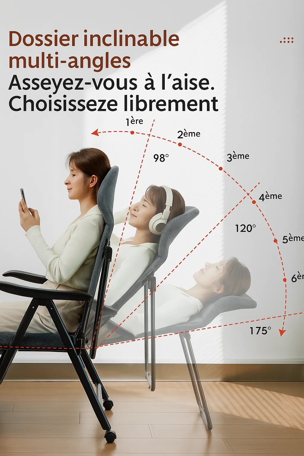 Fauteuil de relaxation pliable inclinable à 175° avec repose-pieds – Chaise ergonomique pour salon et bureau