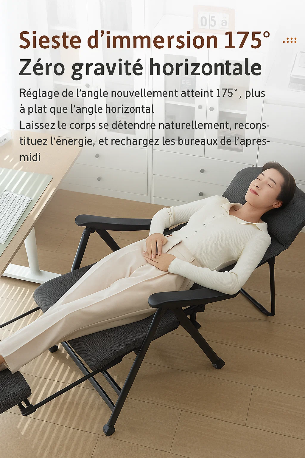 Fauteuil de relaxation pliable inclinable à 175° avec repose-pieds – Chaise ergonomique pour salon et bureau