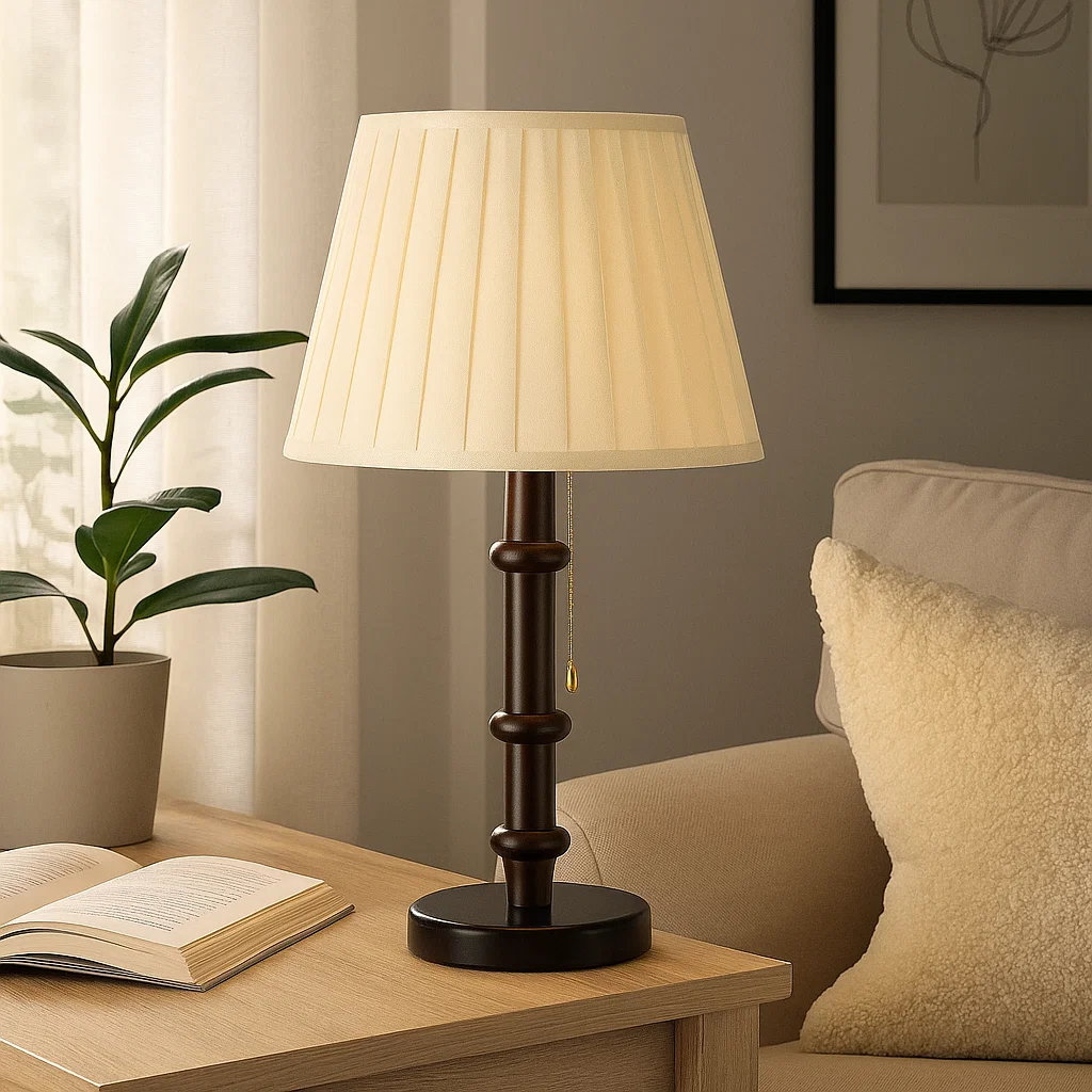 Lampe de table classique avec abat-jour plissé en tissu et base en bois