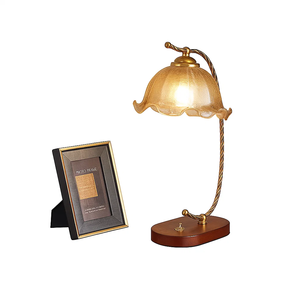 Lampe de table vintage en verre et bois avec interrupteur à levier – E27 40W