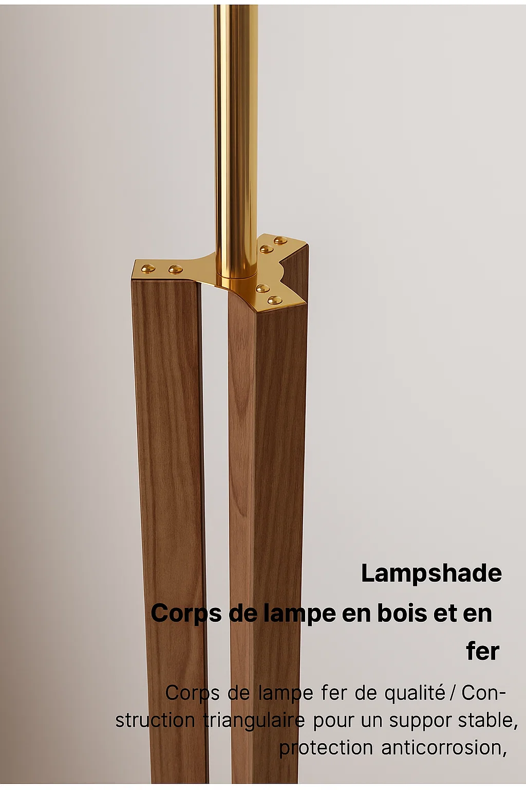 Lampadaire moderne en bois et métal avec abat-jour en tissu