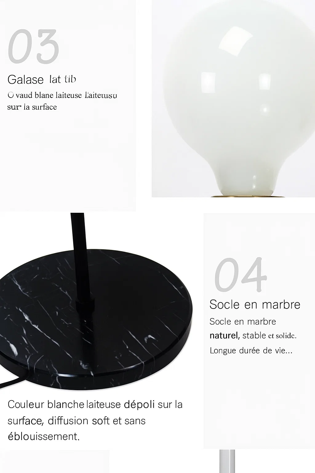 Lampadaire moderne double globe avec base en marbre