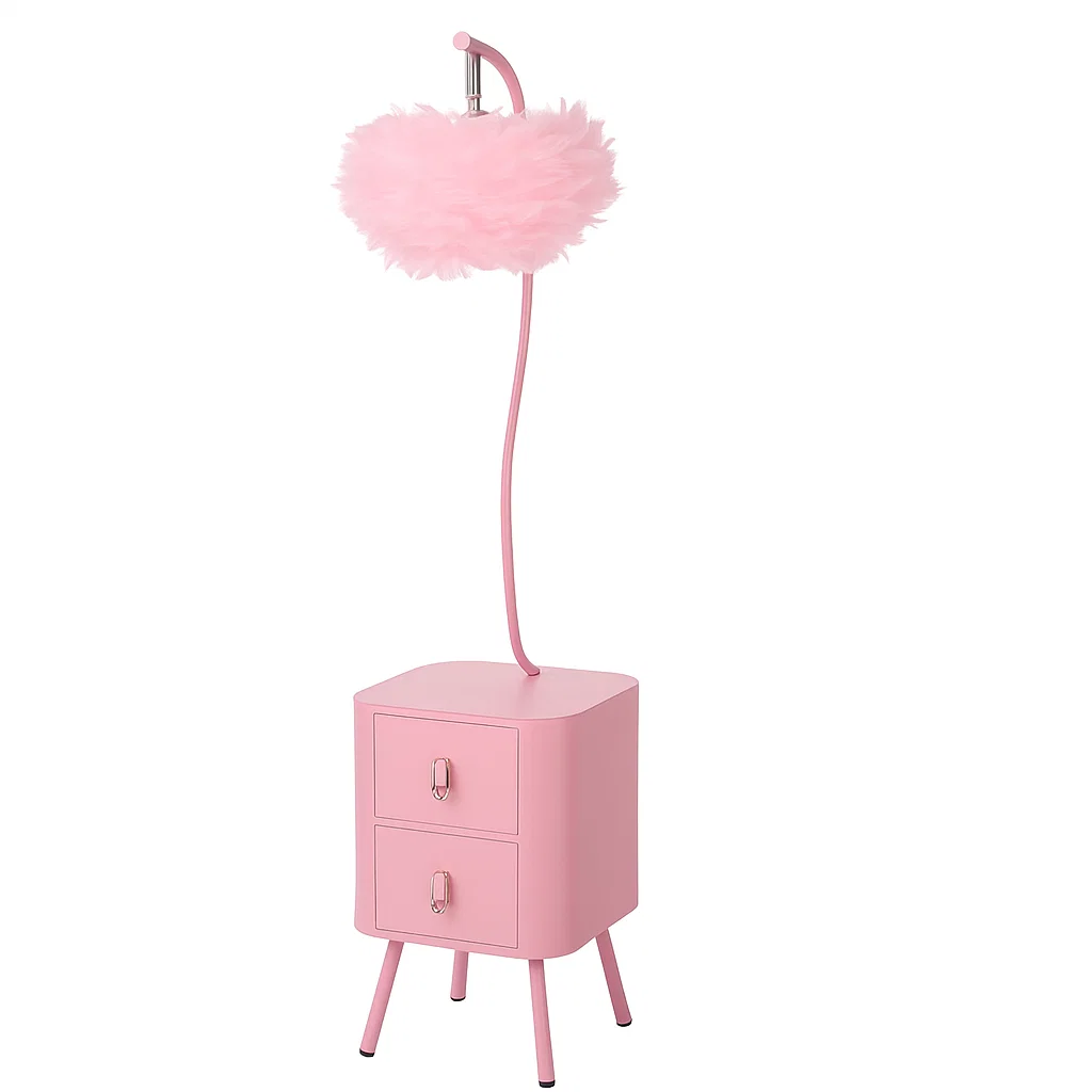 Lampe de chevet rose avec abat-jour plume et table de chevet intégrée à 2 tiroirs