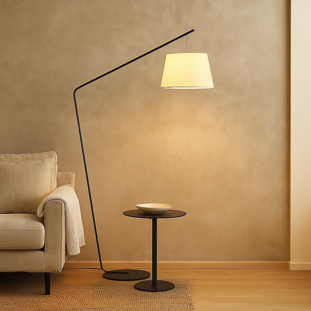 Lampadaire design moderne en noyer noir avec abat-jour en lin
