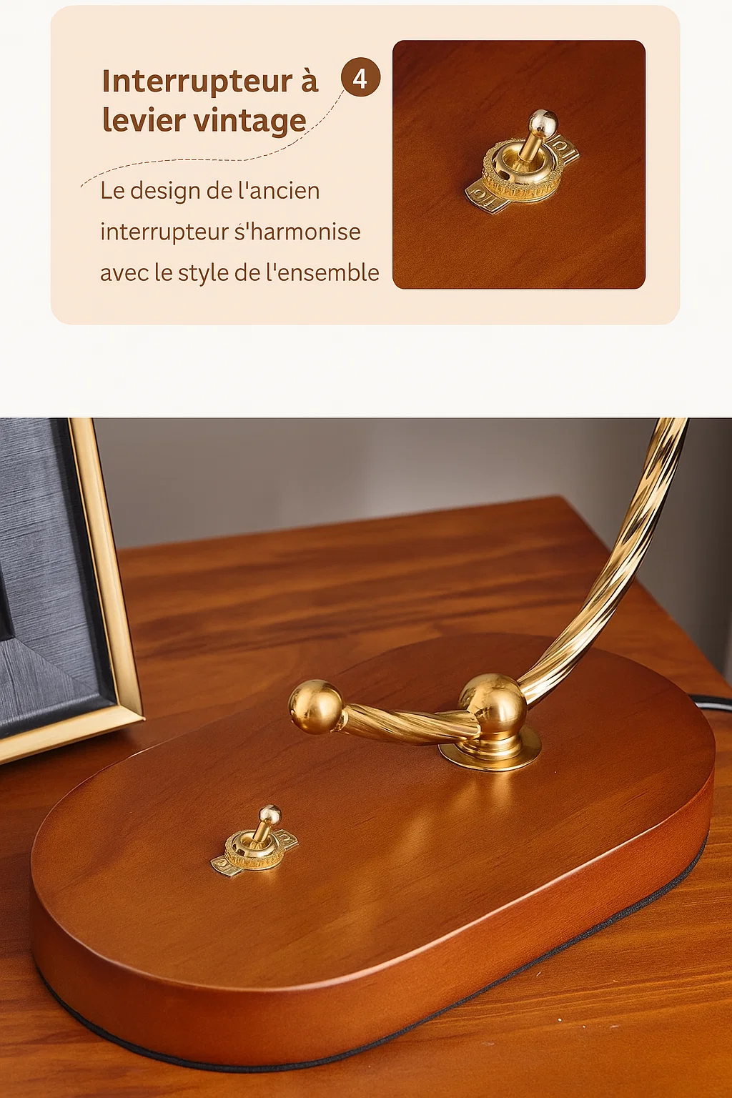 Lampe de table vintage en verre et bois avec interrupteur à levier – E27 40W