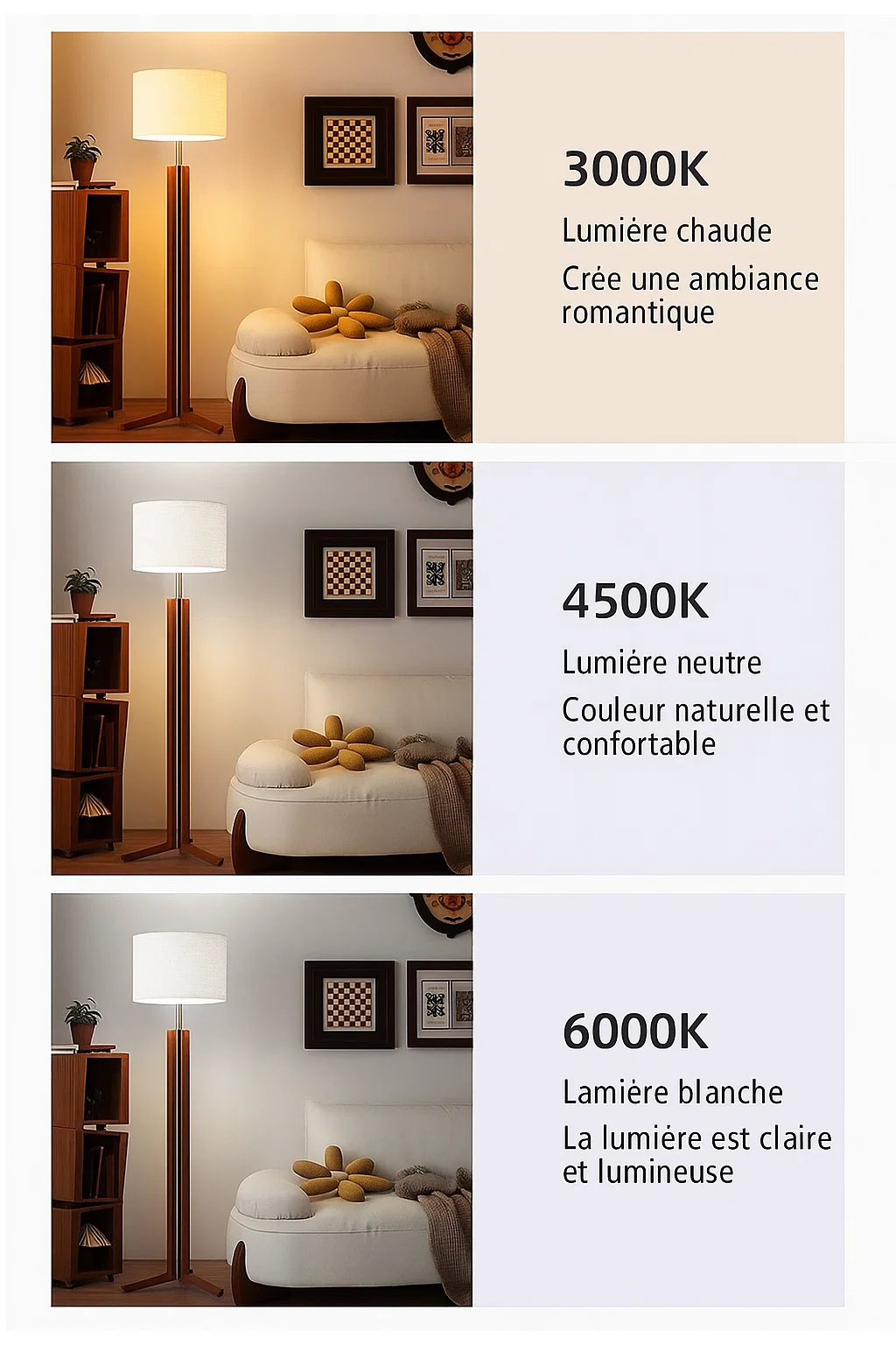 Lampadaire moderne en bois et métal avec abat-jour en tissu