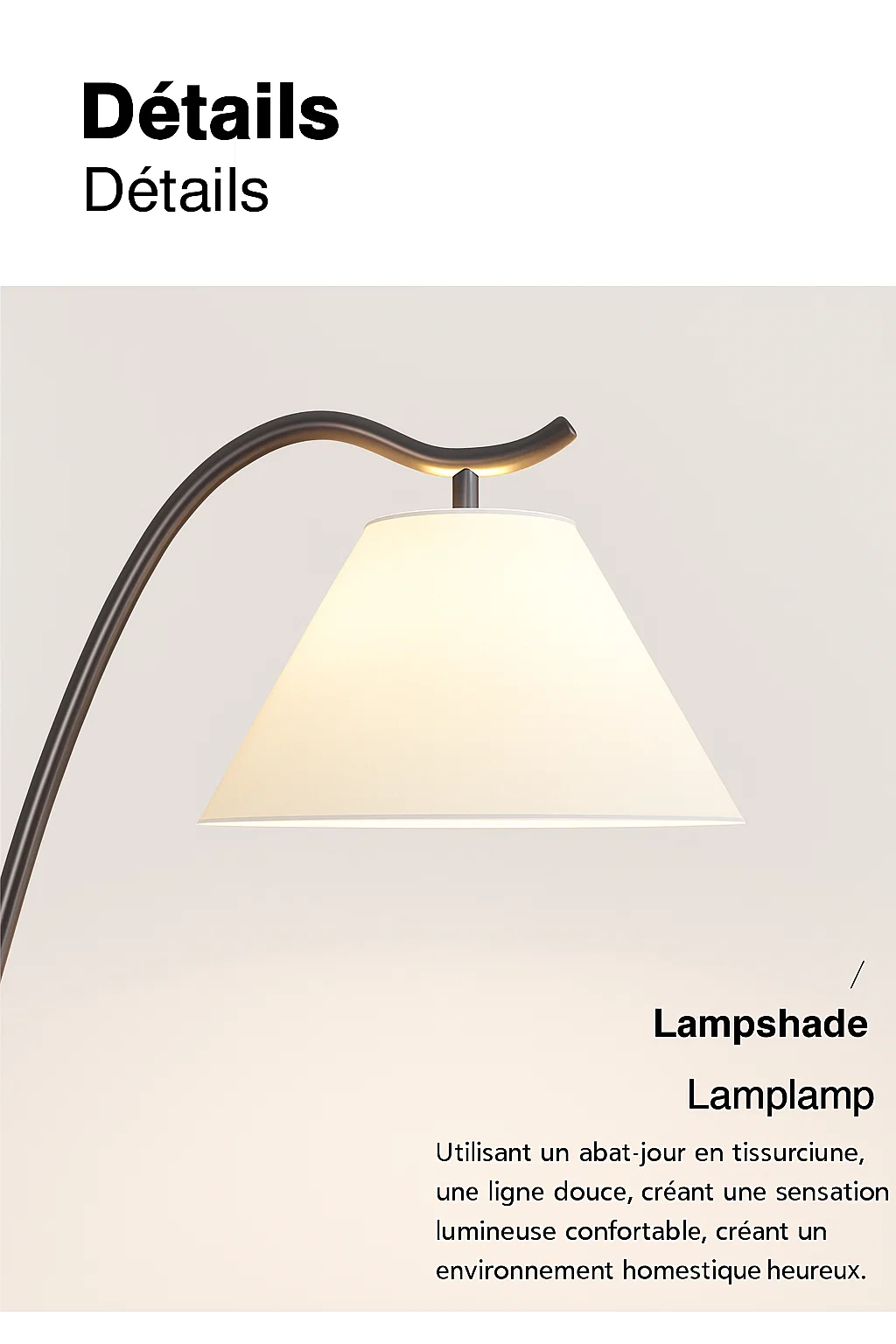 Lampadaire moderne avec table intégrée et abat-jour en tissu – Design noir et noyer