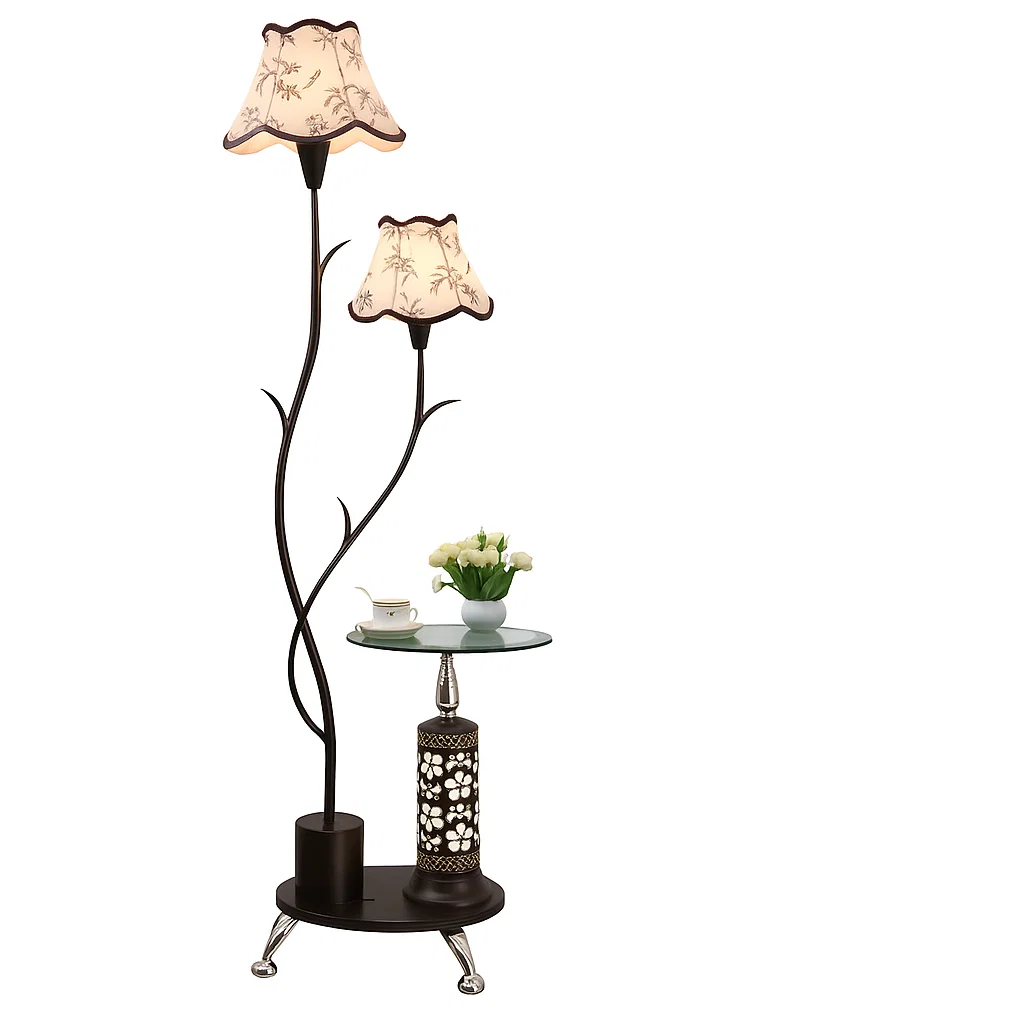 Lampadaire de salon avec table intégrée et double abat-jour en tissu – Style classique et fonctionnel