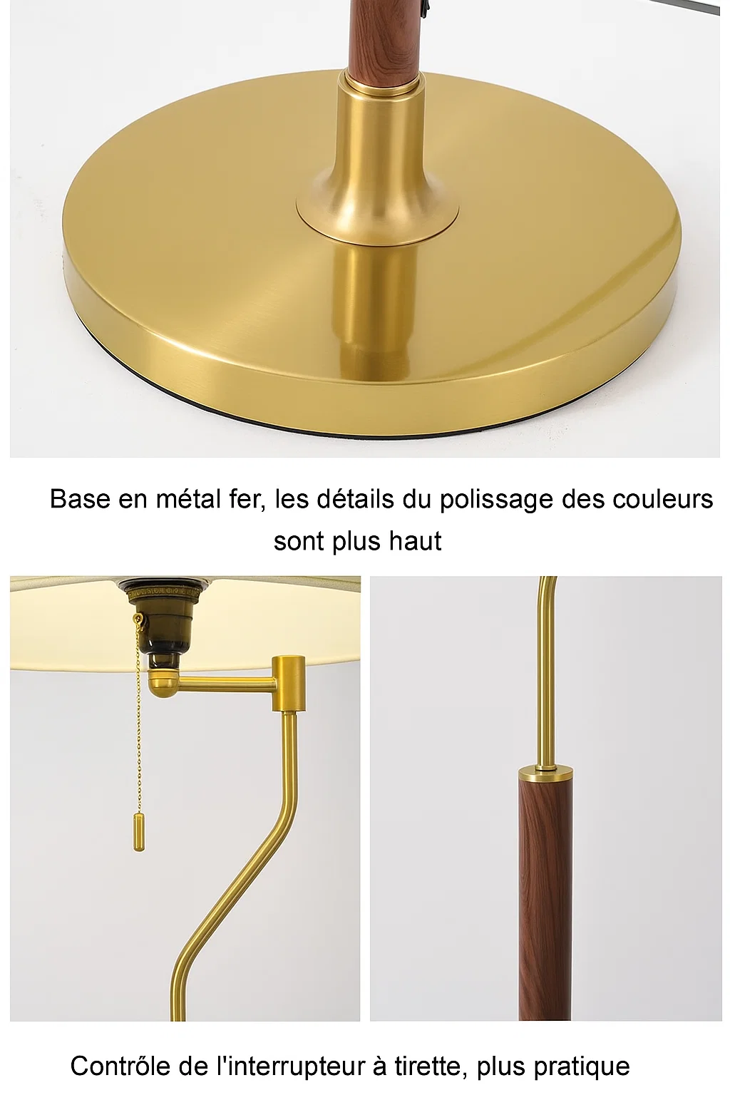 Lampadaire moderne en métal doré et bois avec abat-jour en tissu