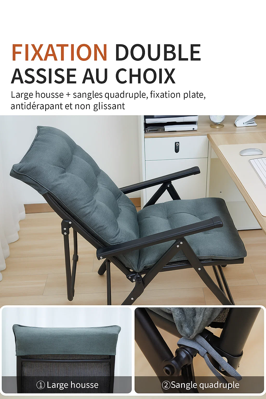 Fauteuil pliant avec coussin épais en lin-coton – Chaise de détente ergonomique pour salon et bureau
