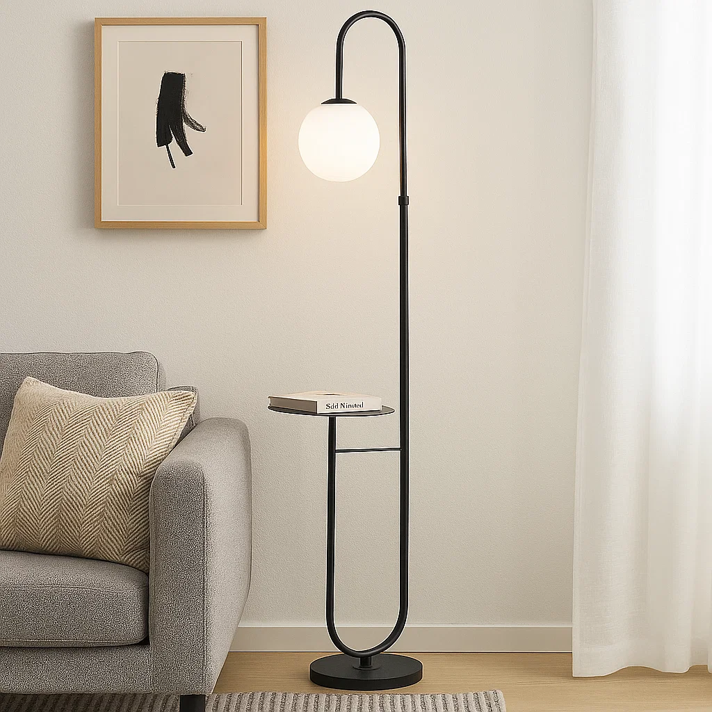Lampadaire Moderne avec Tablette Intégrée et Globe en Verre