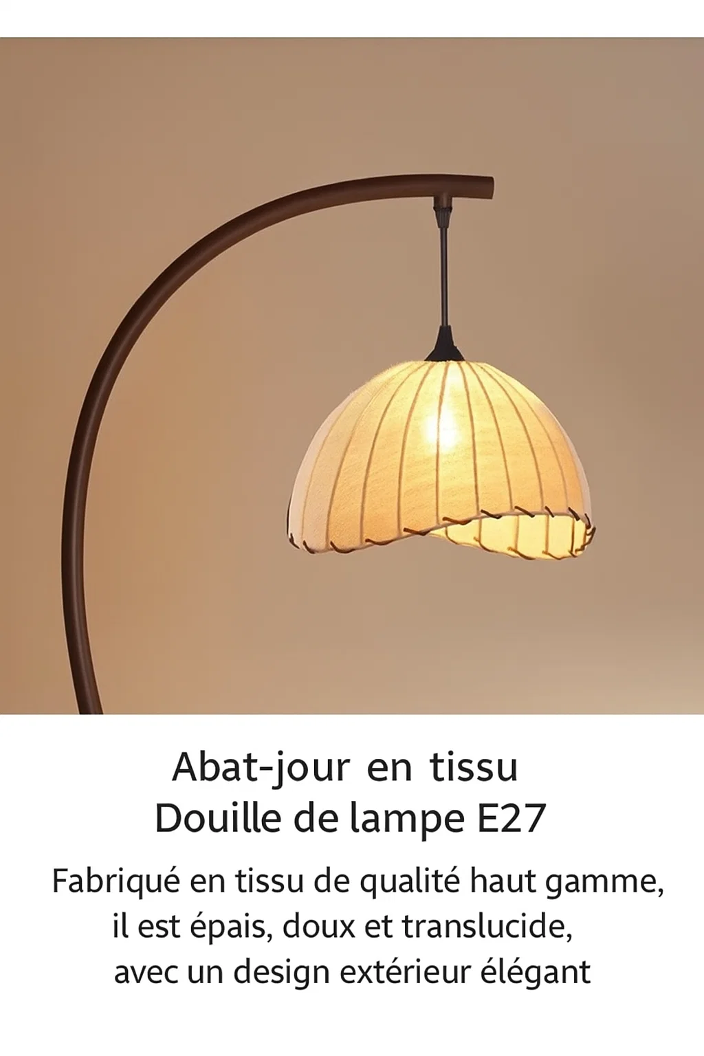 Lampadaire courbé design avec abat-jour en tissu plissé et base en marbre