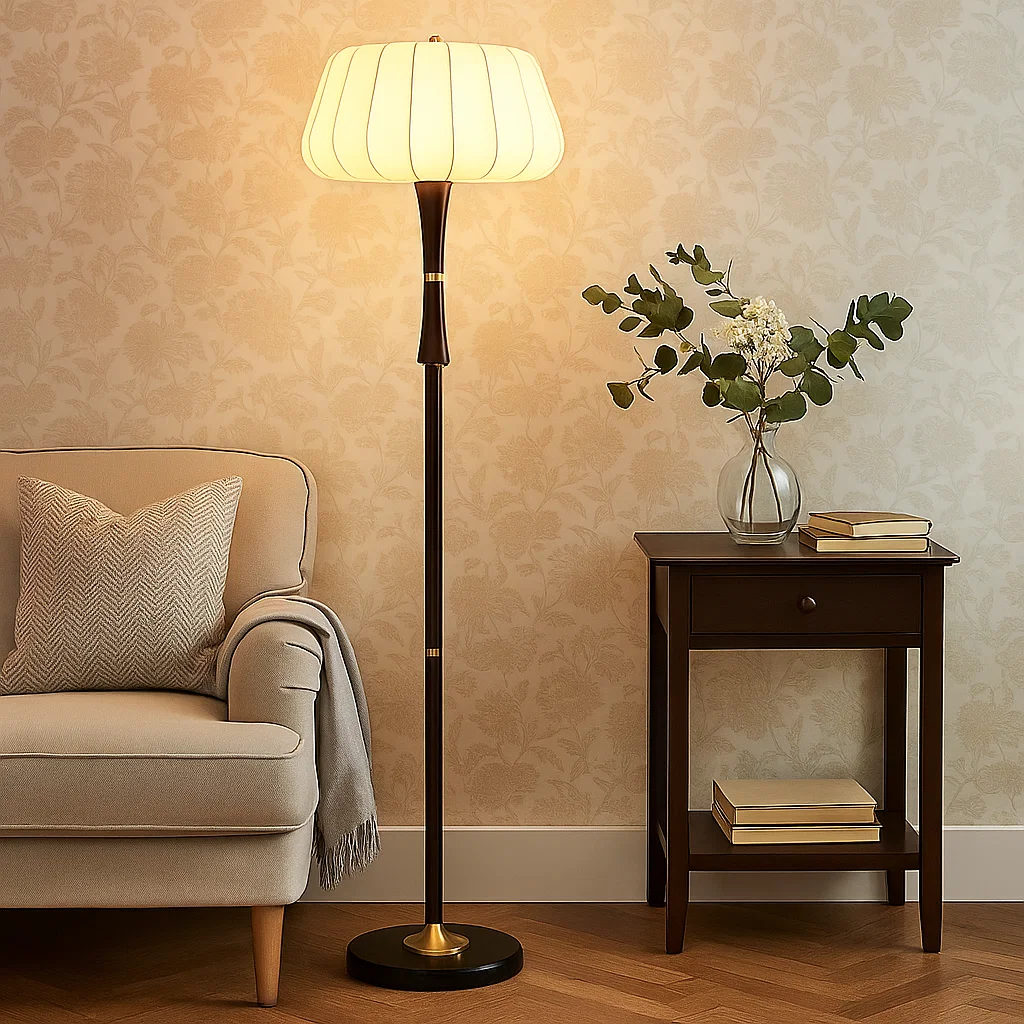 Lampe sur Pied Design Classique avec Abat-jour en Soie Blanche – Bois Noyer et Laiton