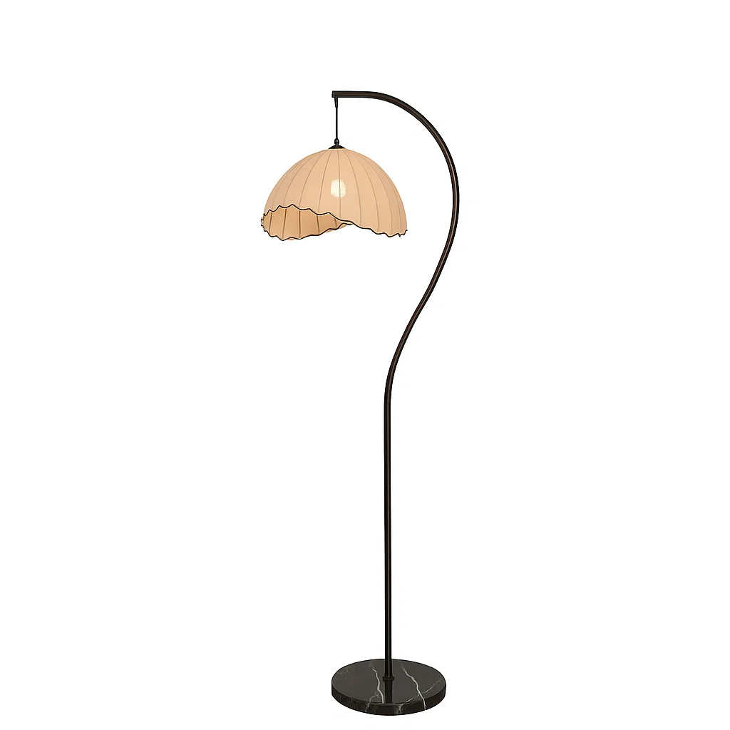 Lampadaire courbé design avec abat-jour en tissu plissé et base en marbre
