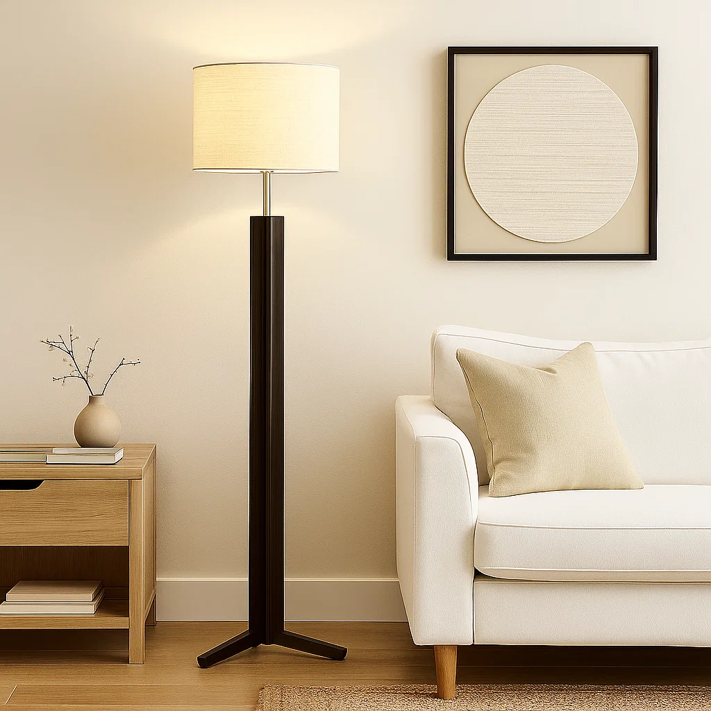 Lampadaire moderne en bois et métal avec abat-jour en tissu