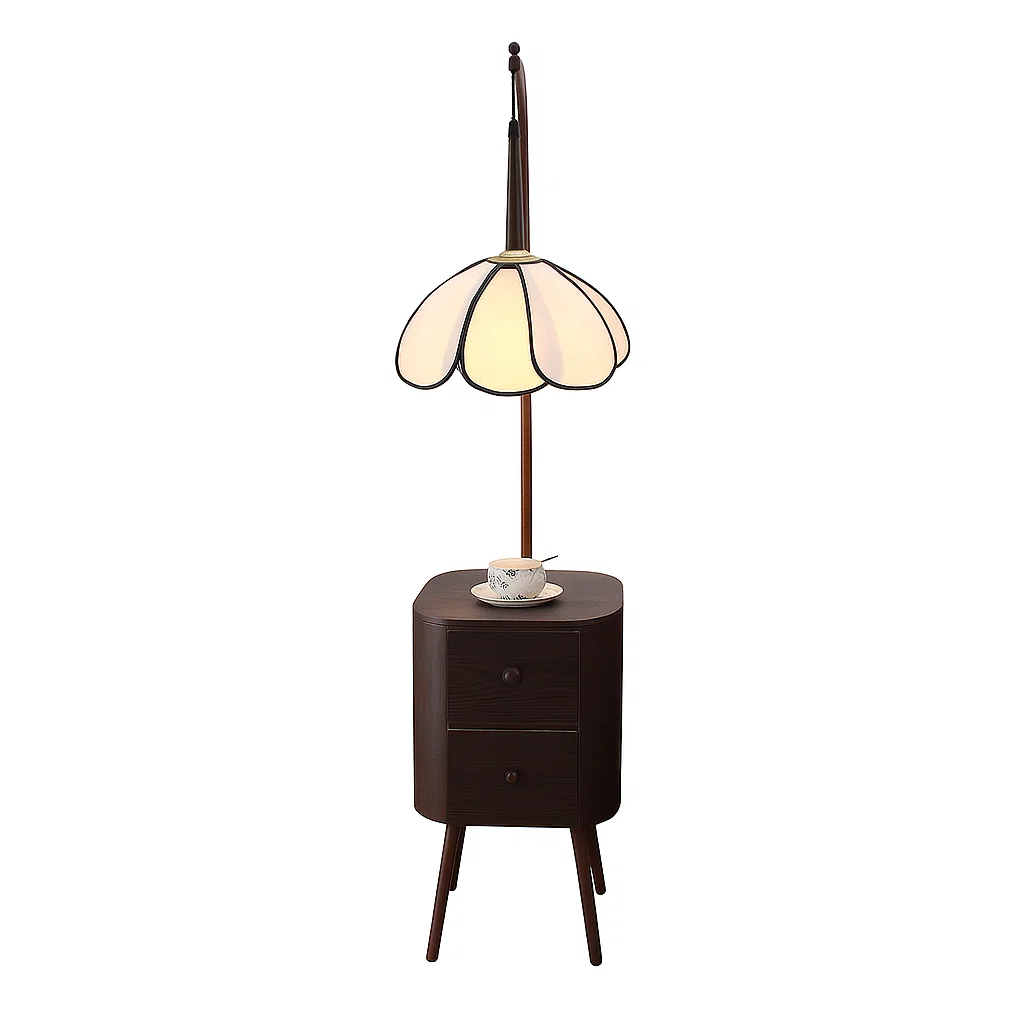 Lampadaire avec Table de Rangement et Abat-jour en Forme de Fleur – Bois Foncé