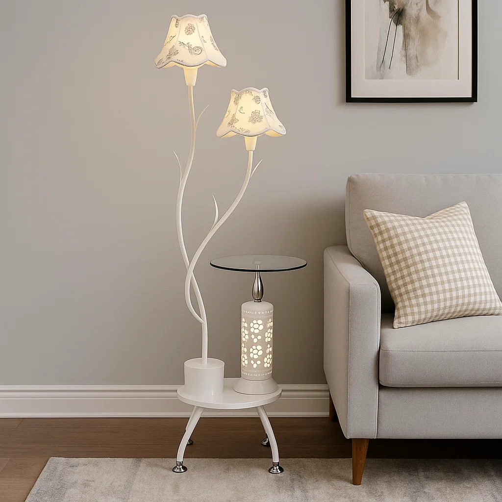 Lampadaire de salon avec table intégrée et double abat-jour en tissu – Style classique et fonctionnel
