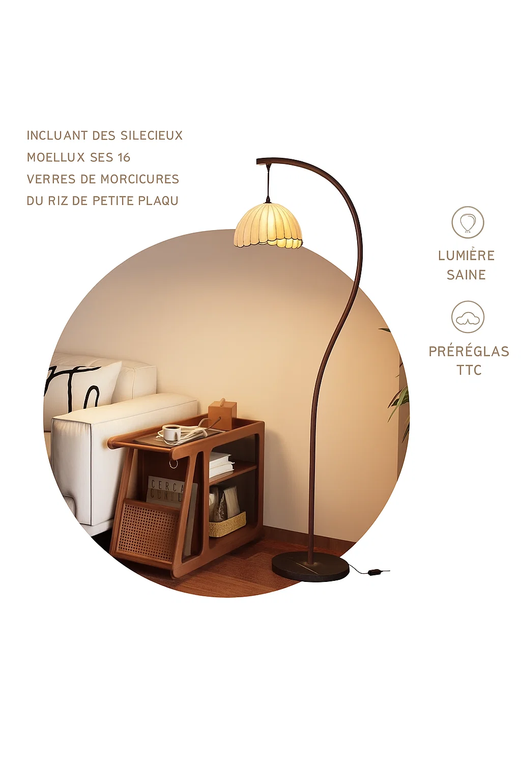 Lampadaire courbé design avec abat-jour en tissu plissé et base en marbre