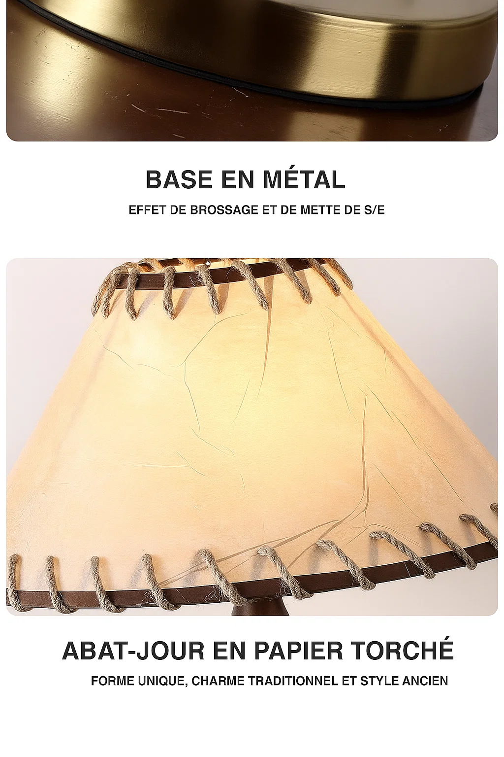Lampe de Table en Métal avec Abat-jour en Papier Torché – Style Traditionnel