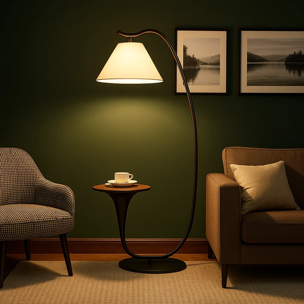 Lampadaire moderne avec table intégrée et abat-jour en tissu – Design noir et noyer