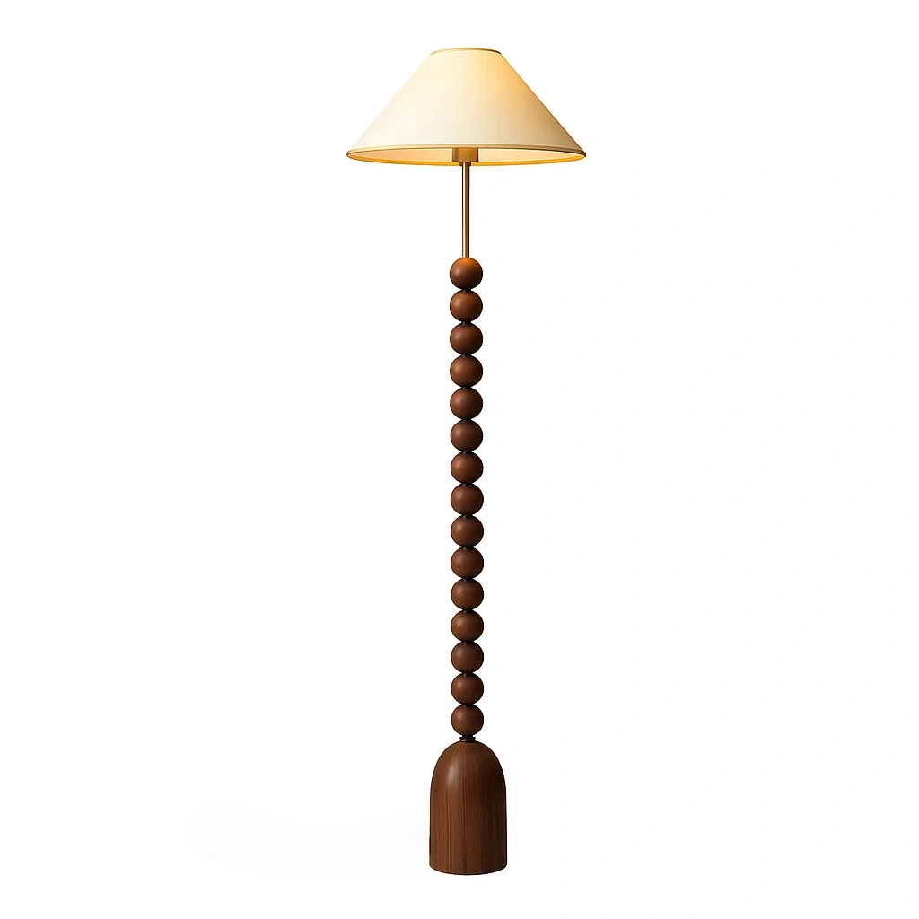 Lampadaire design en bois sculpté avec abat-jour conique en tissu
