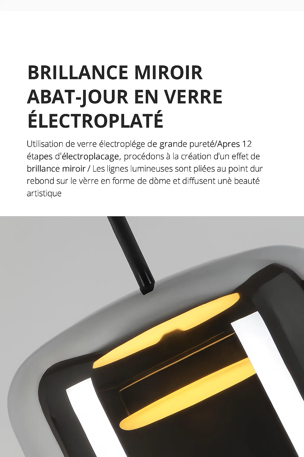 Lampadaire moderne en métal noir et abat-jour en verre électroplaqué