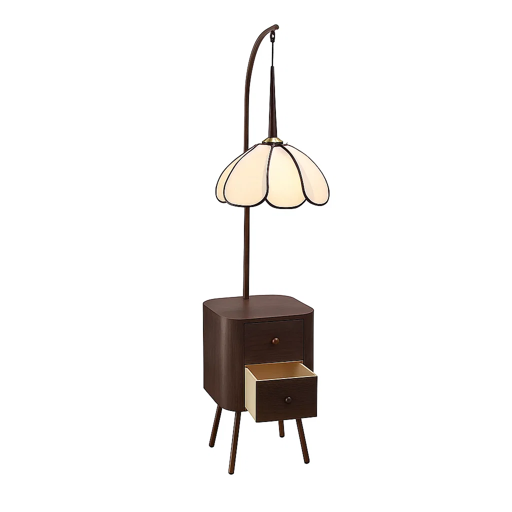 Lampadaire avec Table de Rangement et Abat-jour en Forme de Fleur – Bois Foncé