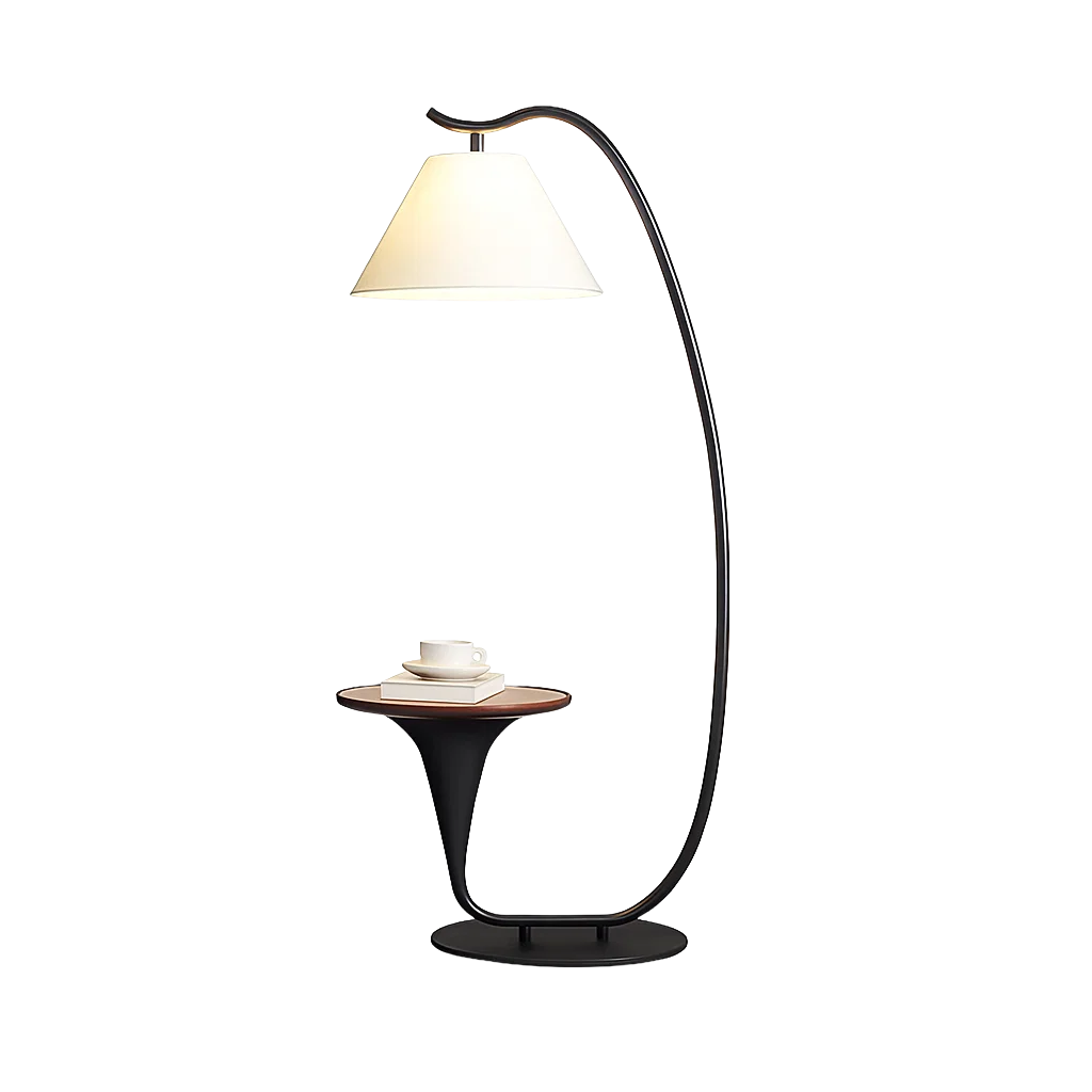 Lampadaire moderne avec table intégrée et abat-jour en tissu – Design noir et noyer