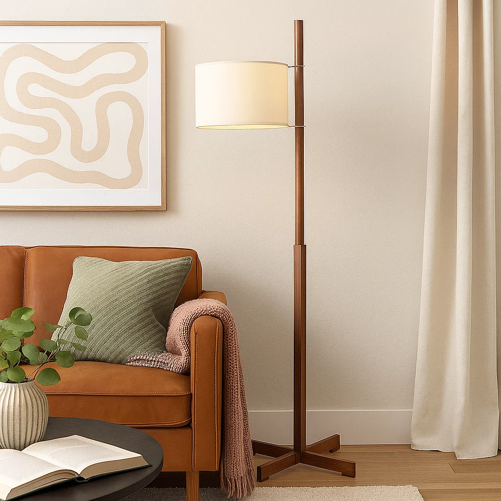 Lampadaire en bois massif avec abat-jour réglable en papier double pelé