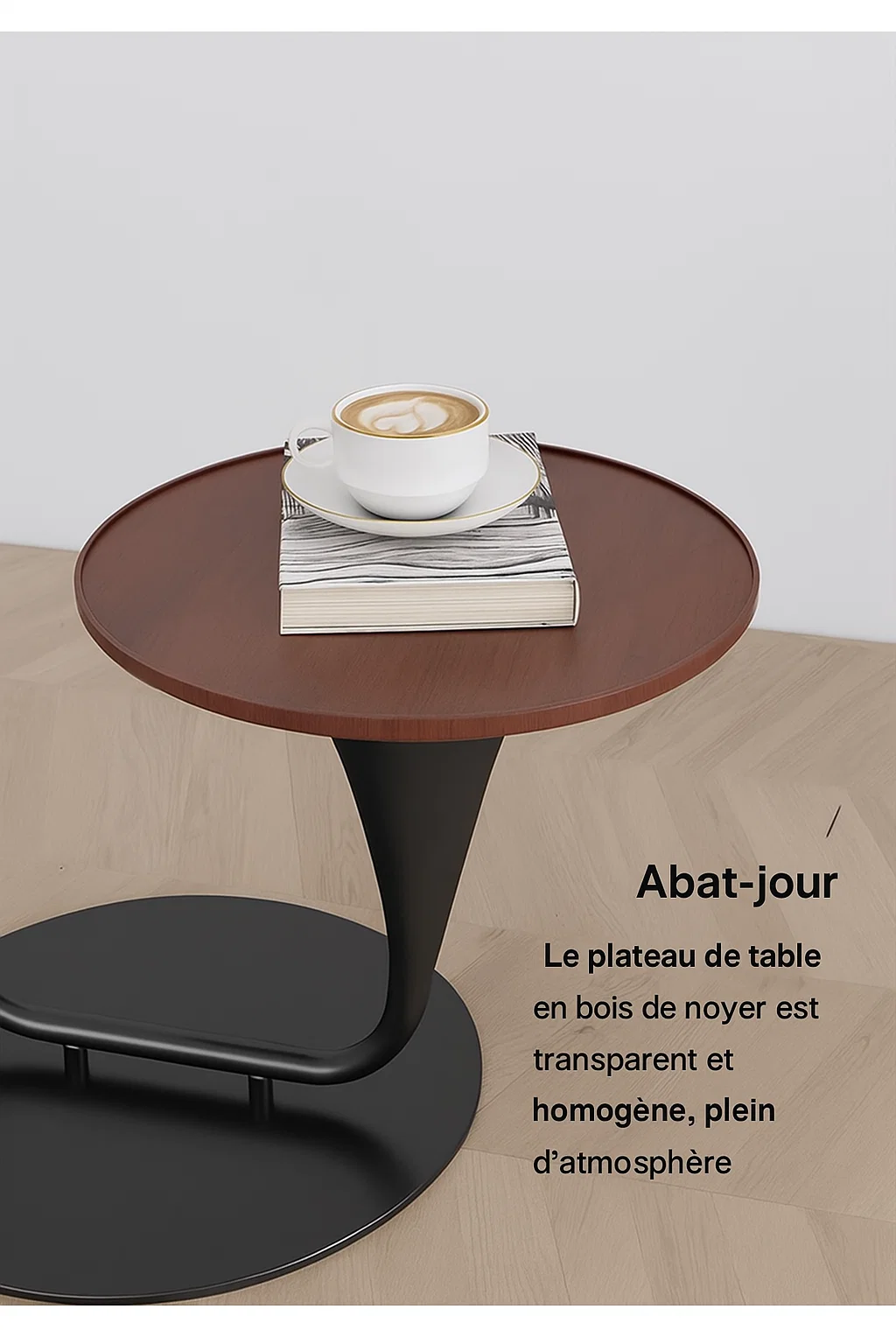 Lampadaire moderne avec table intégrée et abat-jour en tissu – Design noir et noyer