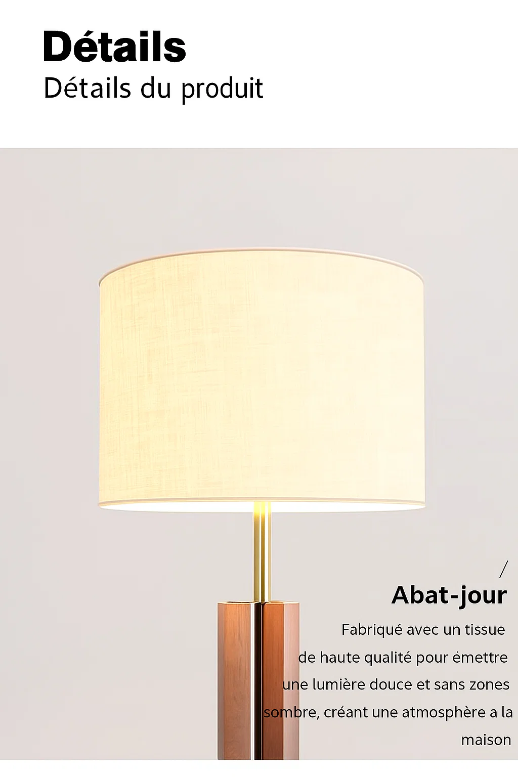 Lampadaire moderne en bois et métal avec abat-jour en tissu